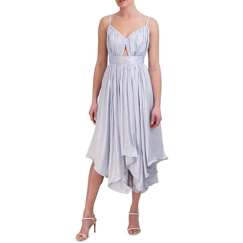 BCBGMAXAZRIA Light Blue Asymmetric High Low Pleated Satin Midi Dress Womens Sz 6
